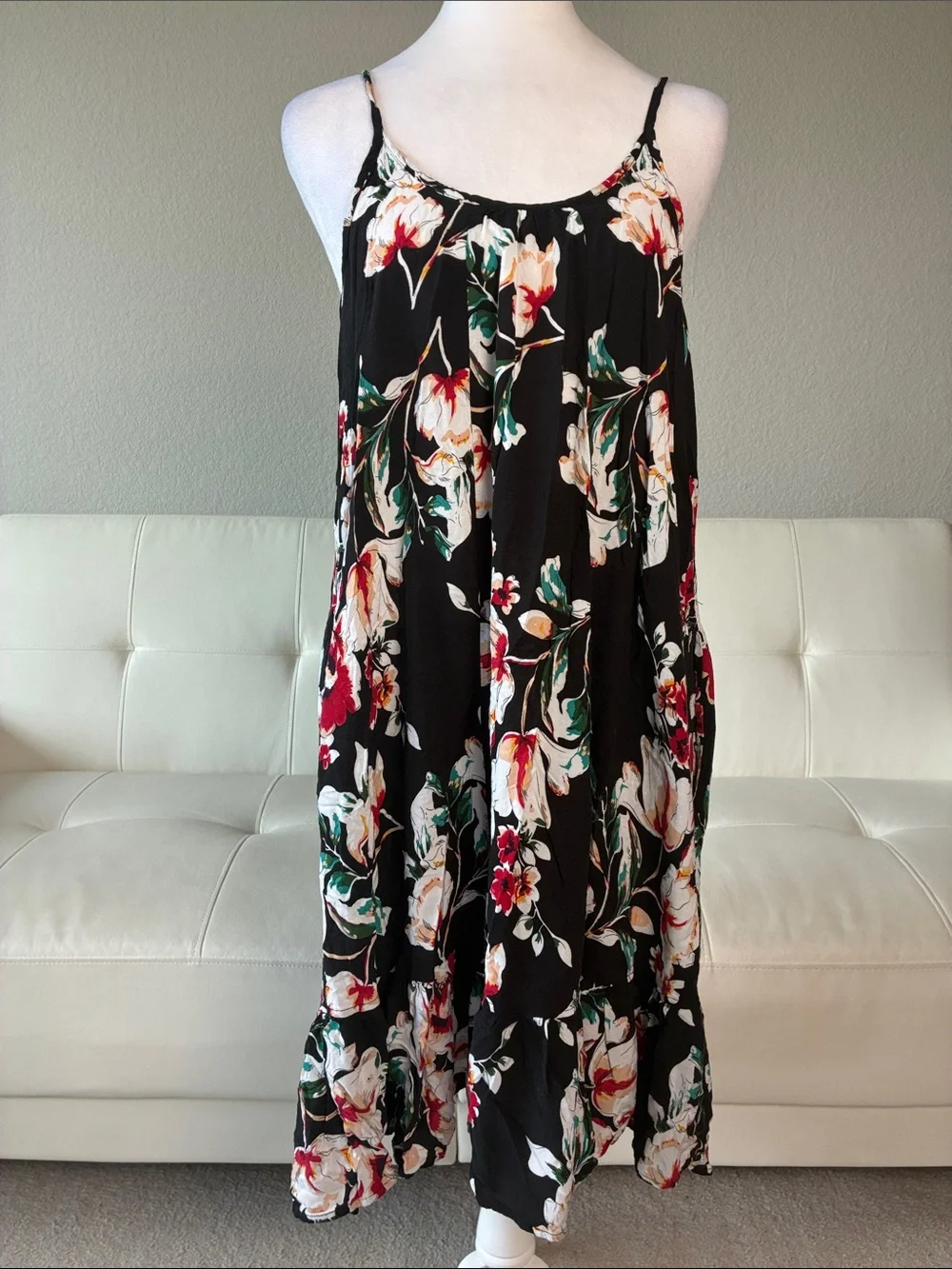Black Floral Spaghetti Strap Midi Dress with  Pockets
